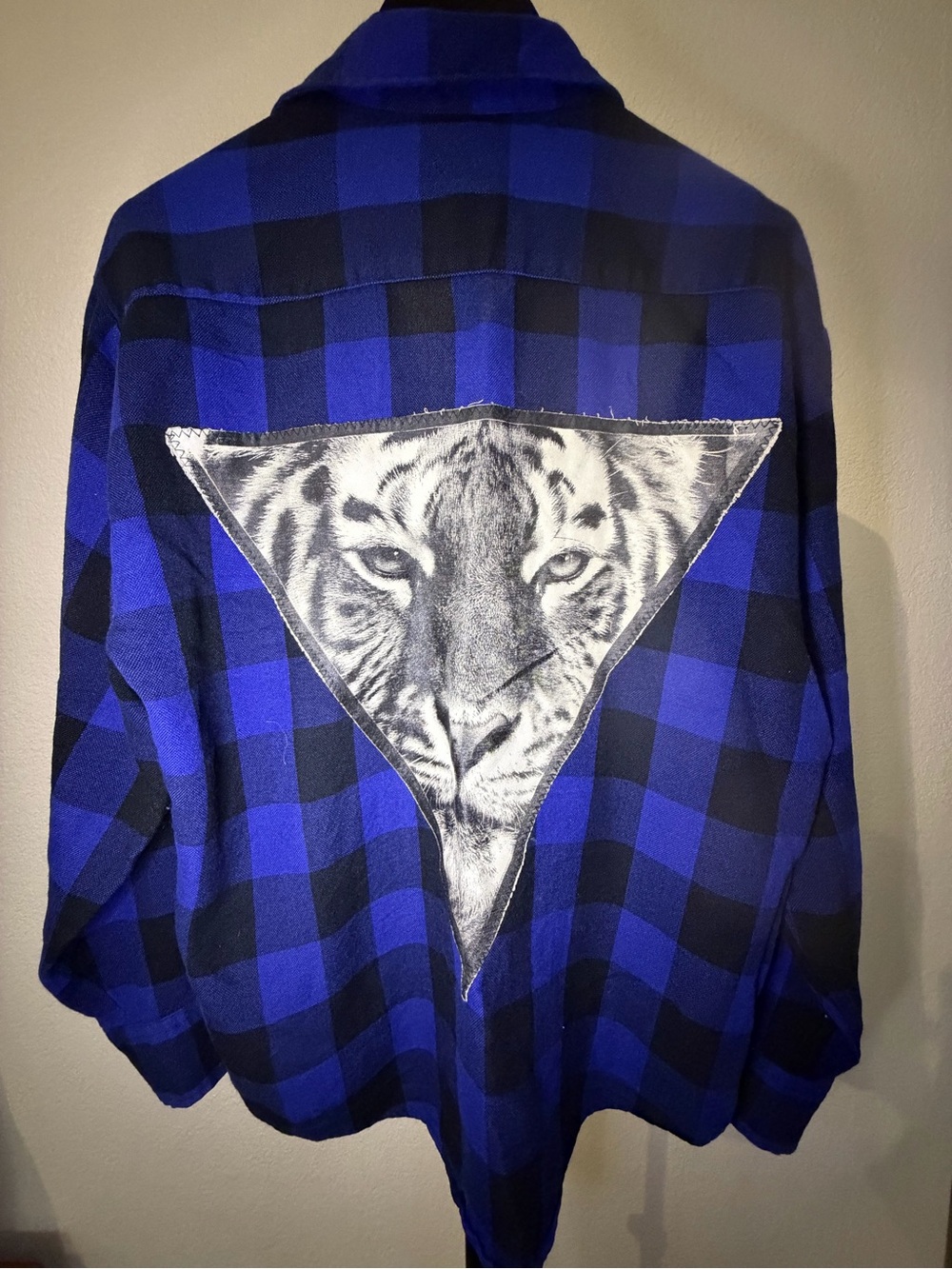 Vintage Redeux Upcycled Windridge Flannel Blue Black Buffalo Plaid Tiger Patch